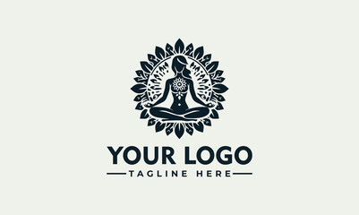 A stylized logo featuring a meditating woman within a floral mandala design.