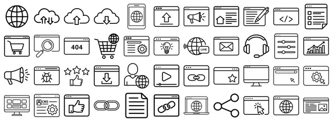 Website icon set with browser, link, settings, search and upload symbols, UI development collection