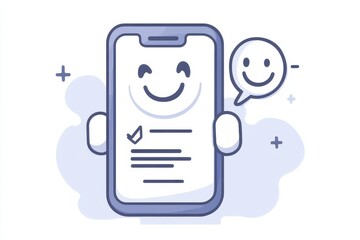 Happy Mobile Phone Character with Checkmark and Chat Bubble Graphic