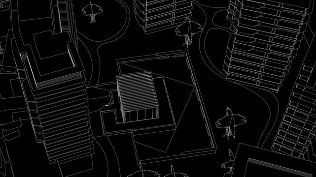 Animation of a Generic Apartment Building Complex, Seamless Looped Animation, linework, black