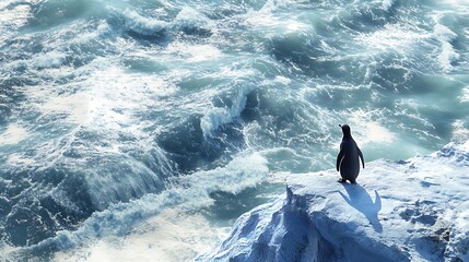 Penguin facing fierce sea wind on icy mountain high resolution picture