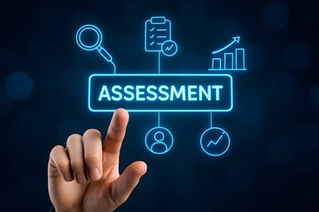Fototapeta premium Hand pointing to digital assessment and analysis flowchart on dark background