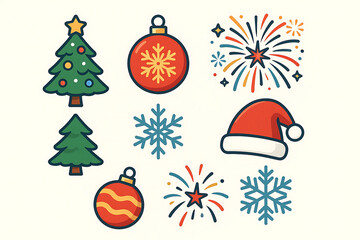Festive Christmas and New Year Icons Featuring Ornaments, Trees, and Fireworks