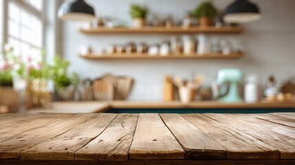 Elegant photo of empty tabletop over defocused kitchen with copy space.
