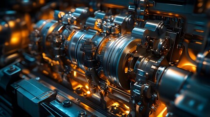 A detailed close-up showcases the intricate inner workings of a complex metal engine, highlighting its precision enginee and industrial design with stunning detail.