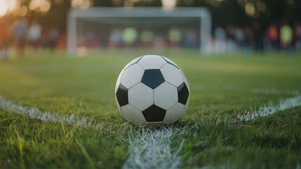 Fototapeta premium A classic black and white soccer ball rests on a vibrant green field, with a blurred goalpost in the background under warm lighting.