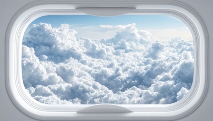 Airplane window view of the sky above a stunning blanket of white fluffy clouds. A concept of travel and journey.