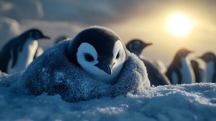 Penguin family huddling together under golden evening sun high resolution picture