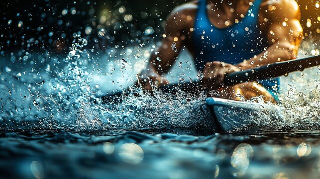 Athlete rowing fiercely through water splashes