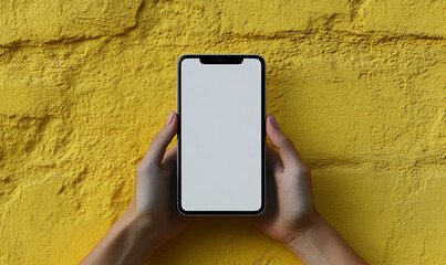 Hands holding a modern smartphone with a blank white screen against a vibrant, textured yellow wall.