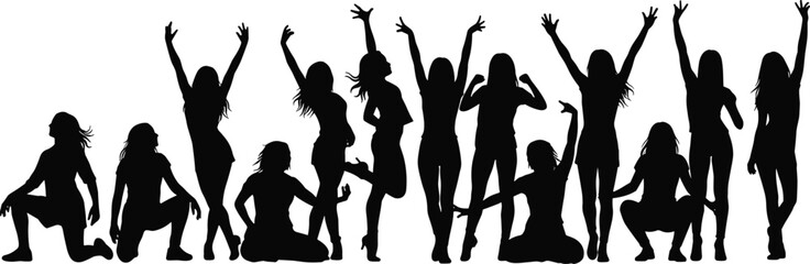 Group of people dancing in silhouette, celebration, fun poses, social gathering, party moment, black vector design, energetic movement, joy