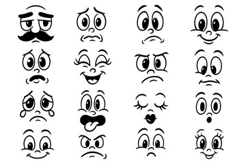 Cartoon expressive faces with various emotions in retro comic style, Transparent Background