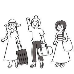 旅行へ出発する女性たちのかわいいイラスト