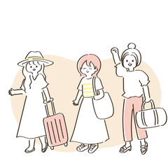 女子旅を楽しむ女性たちのかわいいイラスト