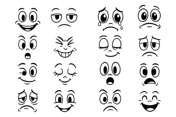Cartoon expressive faces with various emotions in retro comic style, Transparent Background