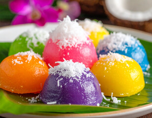 Rainbow rice flour cake topped with grated coconut is very delicious