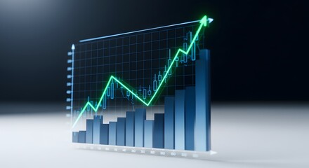 Ascending green line graph with blue columns showing positive growth on a grid background