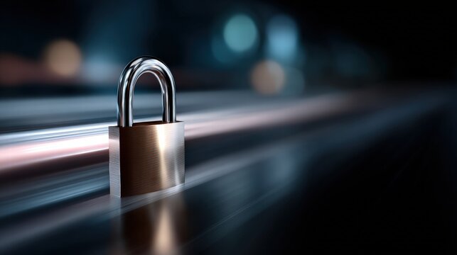 A close-up shot of a padlock symbolizes security, safety, and protection. The sleek metal of the lock gleams, reflecting its solid structure and the idea of an impenetrable barrier