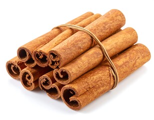 Bundled cinnamon sticks on white background