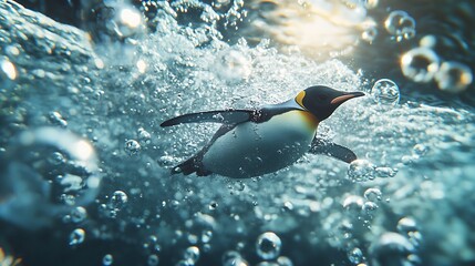 Penguin floats deep below shimmering arctic light rays high resolution picture