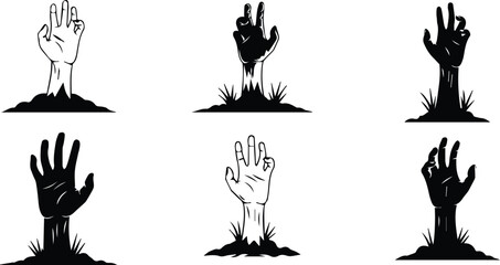 zombie hands emerge from the ground in a spooky graveyard, creating a scene of horror