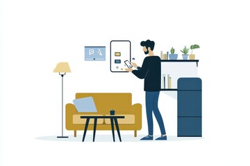 Modern Living Room with Man Using Smartphone and Home Device Control