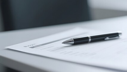A pen resting on a document placed on a desk, suggesting preparation for writing or signing.