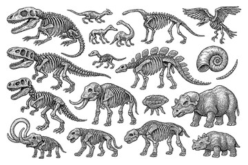 Dinosaur and prehistoric animal skeletons with fossils in vintage engraved style, Transparent Background