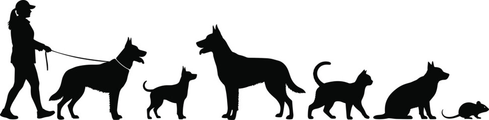 Silhouette of person walking pets, dog, cat, mouse on leash, diverse animal lineup, black vector art, pet care concept illustration