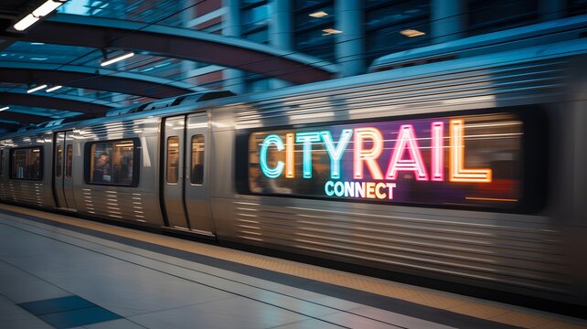 Modern subway train with 'CityRail Connect' neon sign, showcasing urban transportation in a sleek station