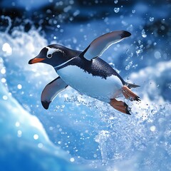 Penguin in flight over ocean waves and spray high resolution picture