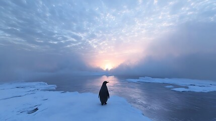 Penguin in frozen landscape under dramatic cold light high resolution picture