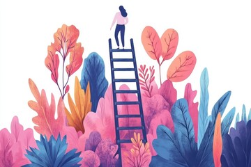 Person Standing at the Top of a Ladder Surrounded by Colorful Foliage