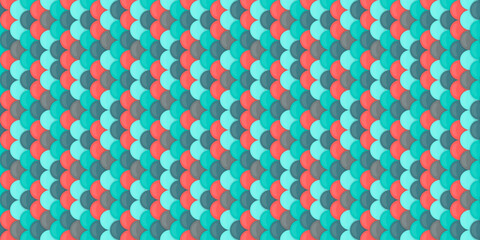 Abstract seamless pattern with vibrant teal, coral, and grey overlapping scales.  Perfect for textile design, website backgrounds, or modern branding.  Evokes a sense of fluidity and energy.
