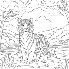 Wild Tiger Standing Near a River in Nature Scene — Bold Black and White Forest Landscape Line Art for Coloring Pages, Wildlife Education, and Animal Illustration