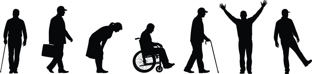 Silhouettes of disabled and elderly individuals, mobility aid, cane, wheelchair, walking postures, inclusive representation, medical vector, accessibility support