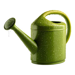 Green Watering Can with Water Drops on Surface