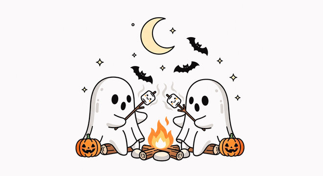 Two playful ghosts roasting marshmallows by a campfire on a Halloween night with pumpkins and bats in the background
