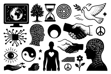Human mind, peace symbols and virtual reality in vintage monochrome engraving style, Transparent Background