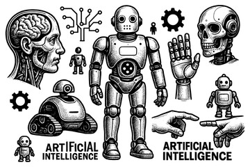 Futuristic humanoid robots and android heads in retro sci-fi style, Transparent Background