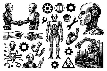 Futuristic humanoid robots and android heads in retro sci-fi style, Transparent Background