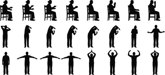Silhouettes of people exercising, seated and standing stretching poses, fitness motion, healthy lifestyle, flexibility workout, black vector art, wellness