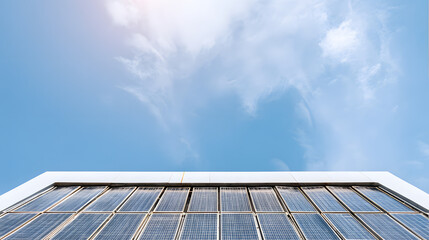 Fototapeta premium Rooftop solar panels under a clear blue sky, representing clean energy and sustainable technology.