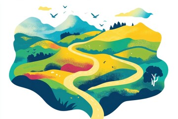 Scenic Landscape with Curved Road, Mountains, and Vibrant Colors