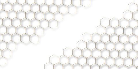 Abstract hexagon white background with shadow .golden background Futuristic blue neon honeycombs. Modern technology design. Vector illustration.