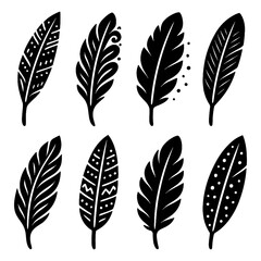 Hand-drawn decorative feathers with tribal and boho patterns, Transparent Background