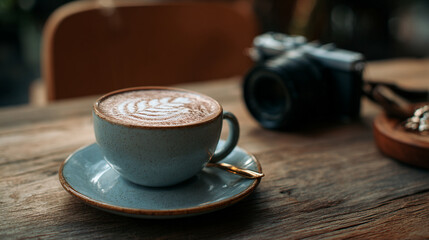 A cup of latte art on a saucer with a spoon and camera on a wooden table surface