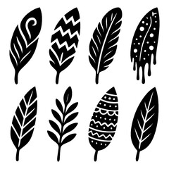 Hand-drawn decorative feathers with tribal and boho patterns, Transparent Background