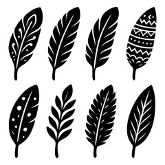 Hand-drawn decorative feathers with tribal and boho patterns, Transparent Background