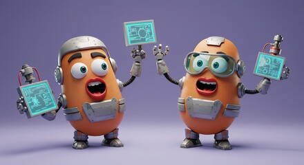 Two cartoon potato characters in futuristic outfits